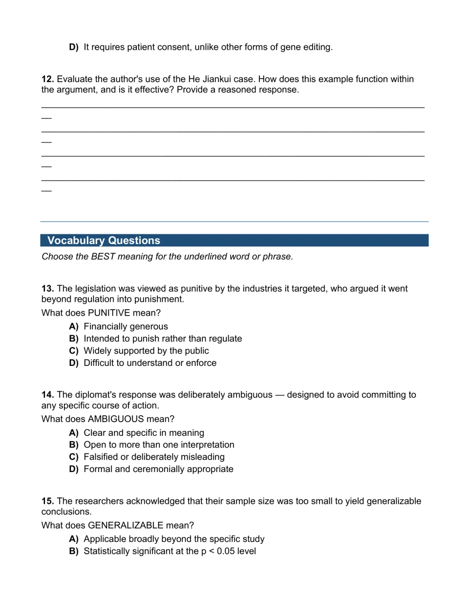 Vocabulary in context: students choose meanings of punitive, ambiguous and generalizable after a He Jiankui evaluation item