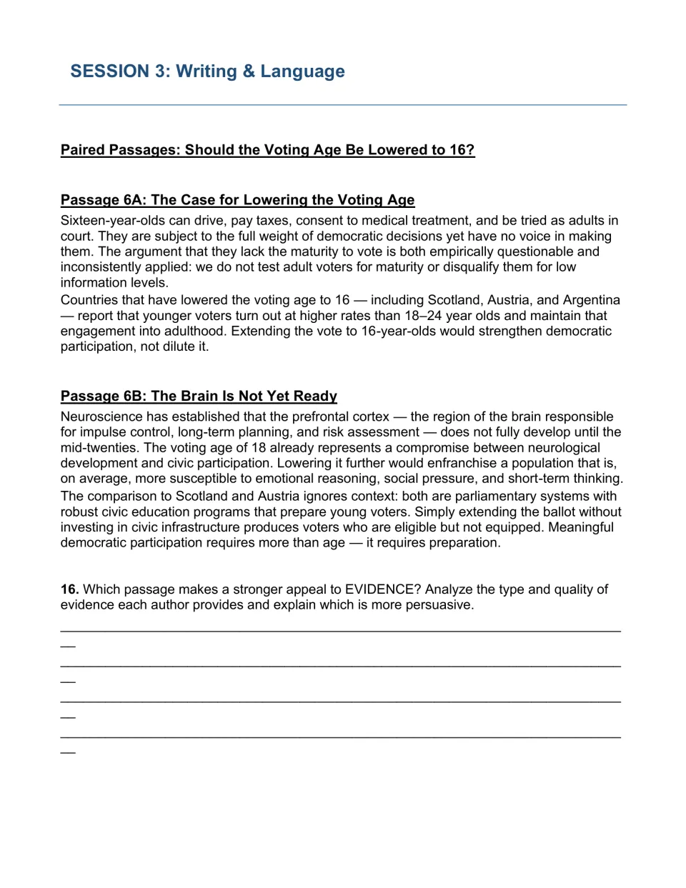 Session 3 paired passages on lowering the voting age to 16; students compare the evidence each author uses and its strength