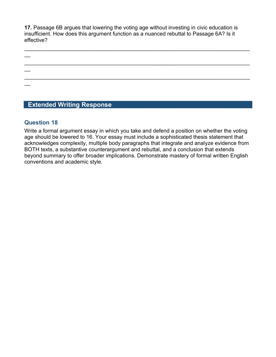 Voting-age rebuttal question and Question 18, a formal argument essay using evidence from both paired passages