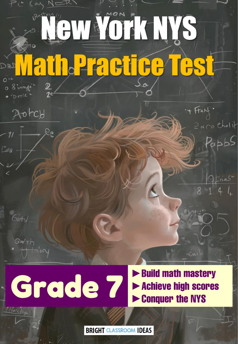 Cover of a New York State Grade 7 math practice test showing a boy gazing up at a chalkboard covered in math sketches