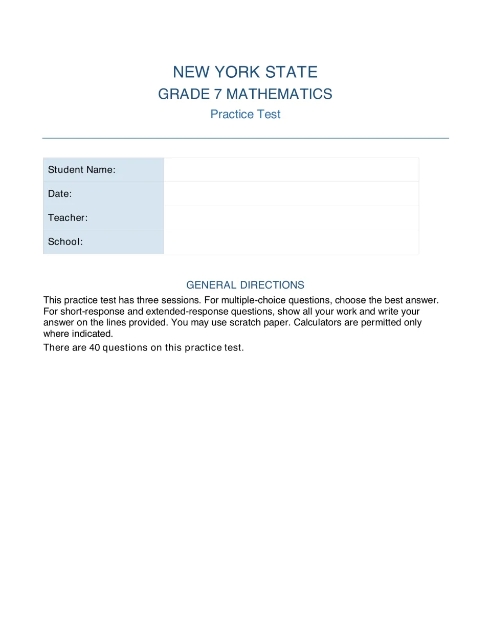 Grade 7 mathematics practice test title page: student name, date, teacher and school fields plus general directions