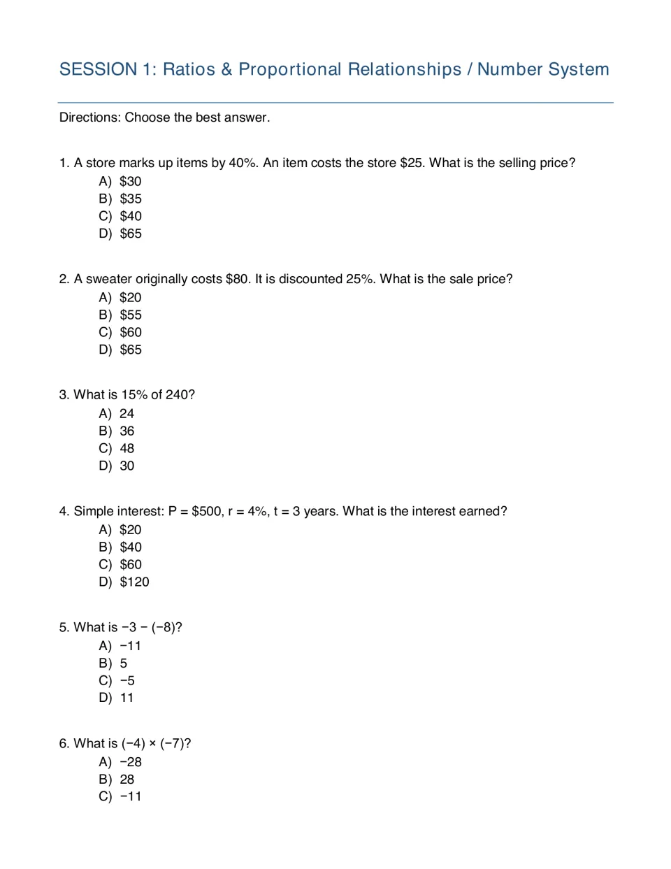 Session 1 ratios and number system: multiple-choice items on markups, discounts, percents, simple interest and integers