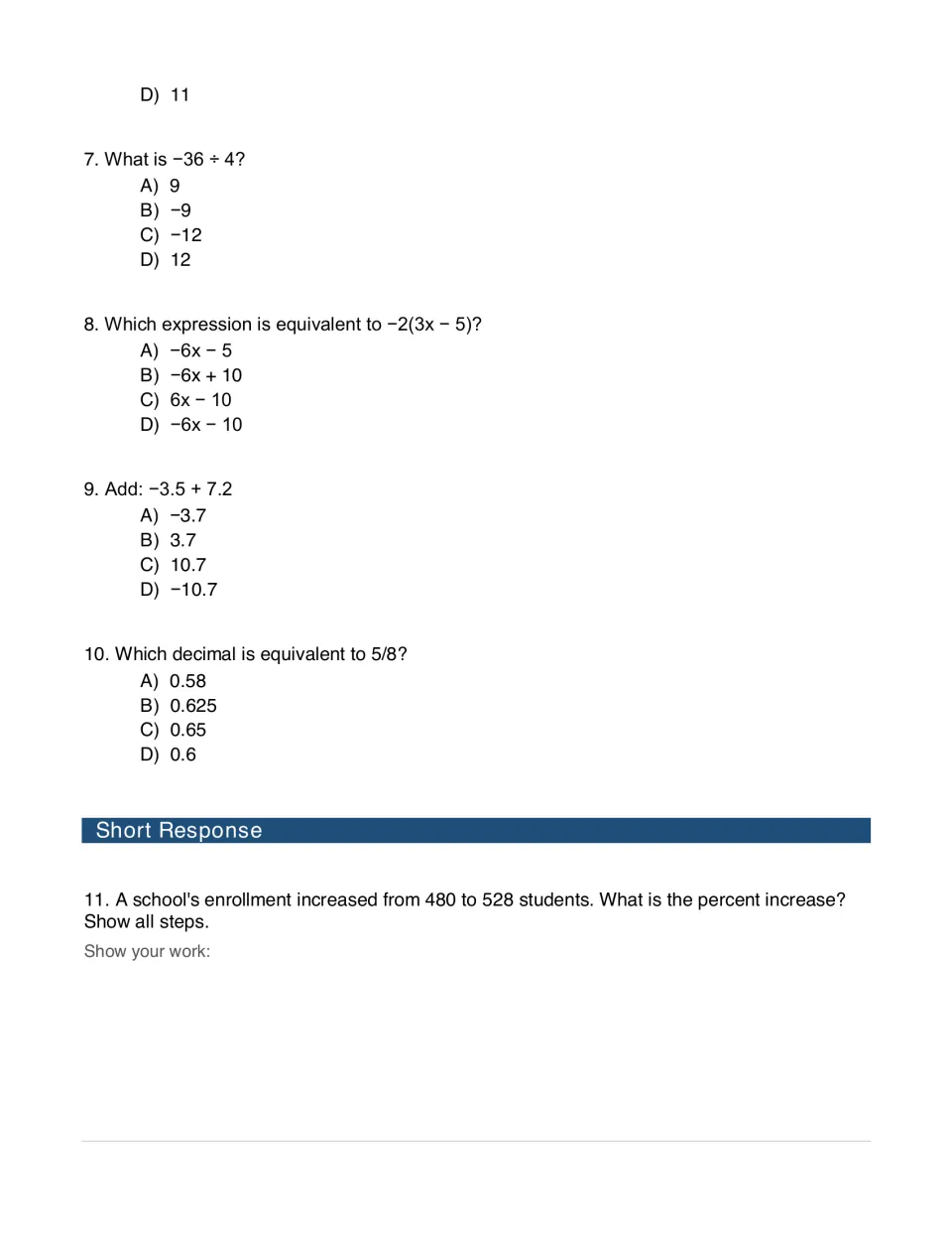 Integer division, distributing −2(3x − 5), decimal sums and 5/8 as a decimal, then a short-response percent increase item