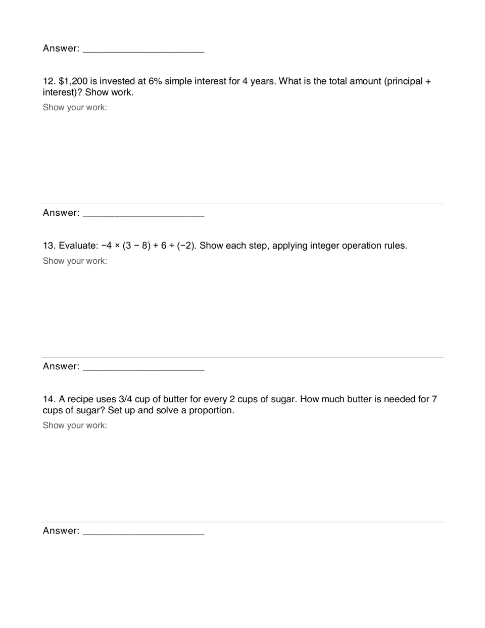 Short-response problems: simple interest total on $1,200, order of operations with integers and a butter-to-sugar proportion