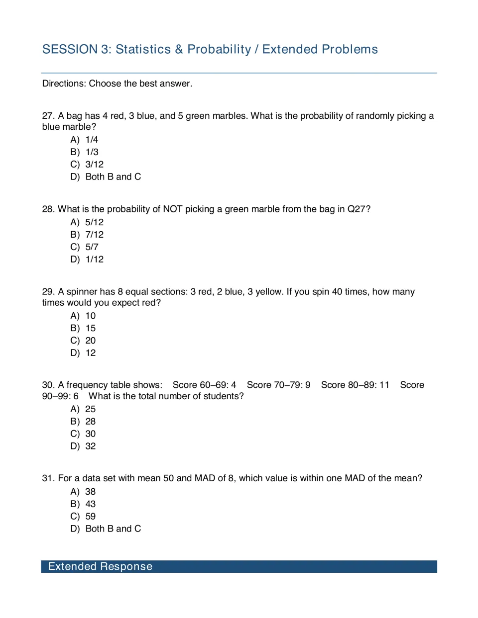 Session 3 statistics and probability: marble and spinner probability, a frequency table total and mean absolute deviation