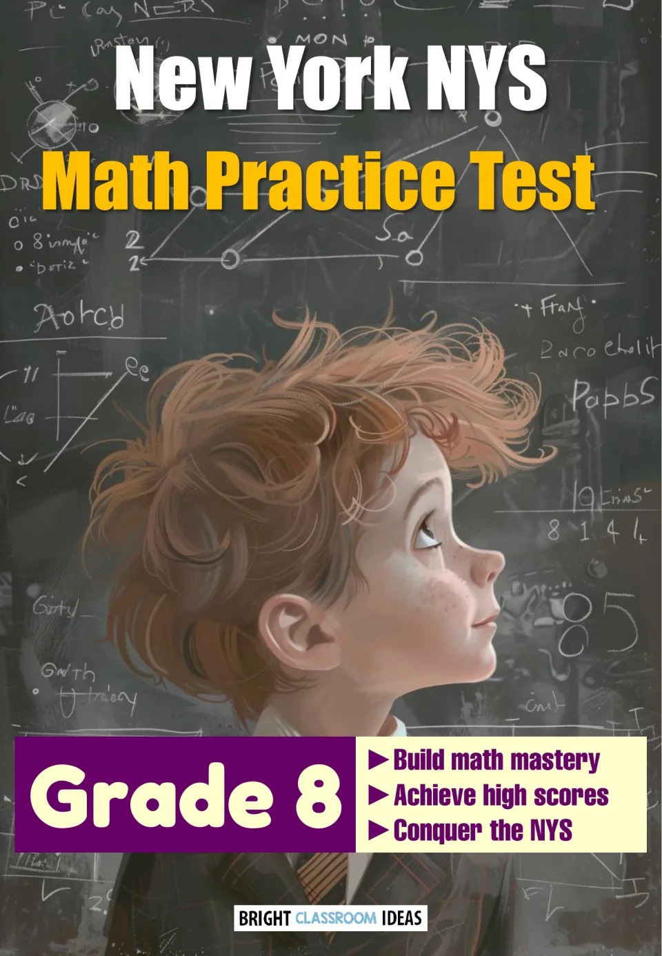 Cover of a New York NYS math practice test for Grade 8, showing a student gazing up at a chalkboard full of math sketches