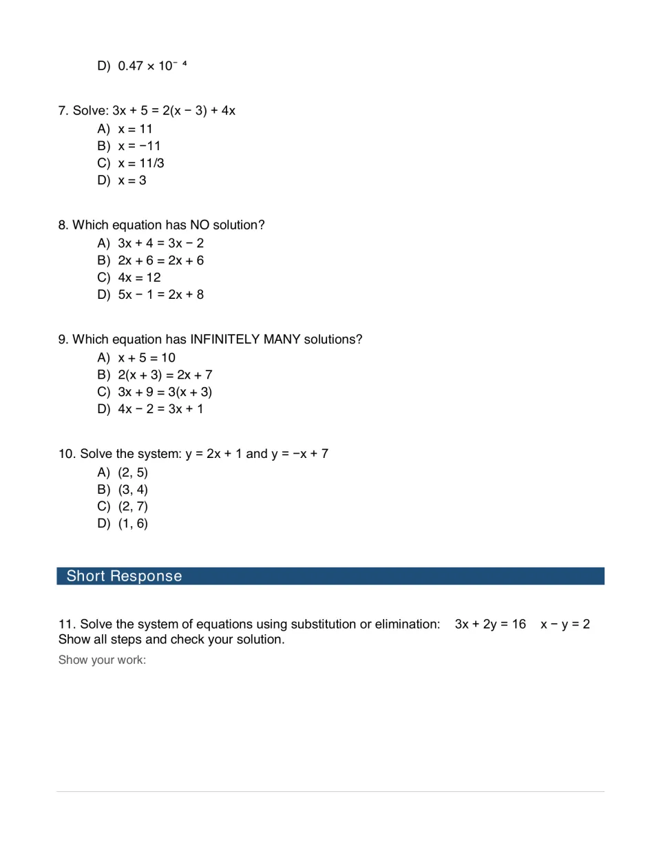 Linear equations: students solve 3x + 5 = 2(x − 3) + 4x, spot no-solution and infinite-solution equations, solve systems