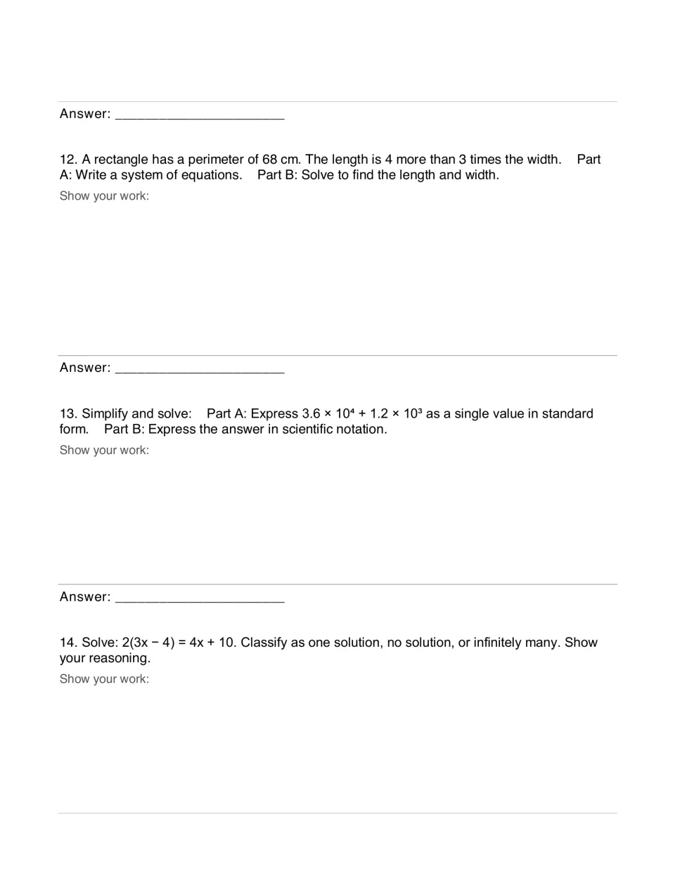 Short response: students write a perimeter system, add values in scientific notation and classify 2(3x − 4) = 4x + 10