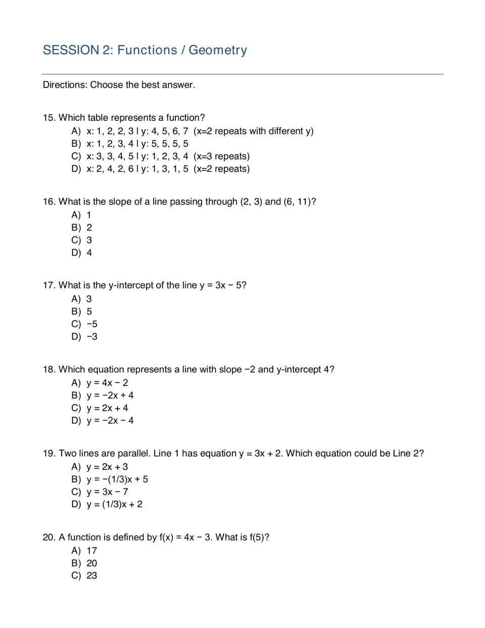 Session 2 functions questions: students pick a table that is a function, find slope and y-intercept, and evaluate f(5)