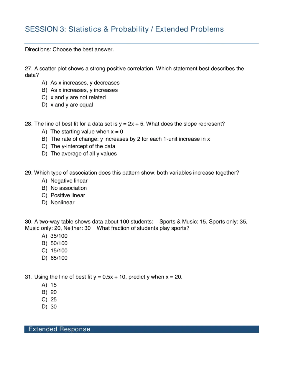 Session 3 statistics questions: students interpret scatter plot correlation, line of best fit slope and a two-way table