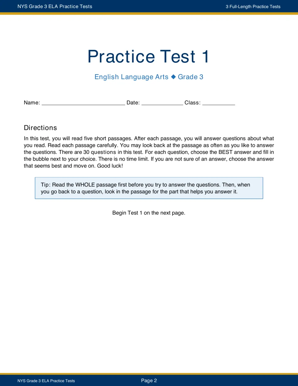 Practice Test 1 directions: students read five short passages, then answer 30 questions by filling in the best answer bubble