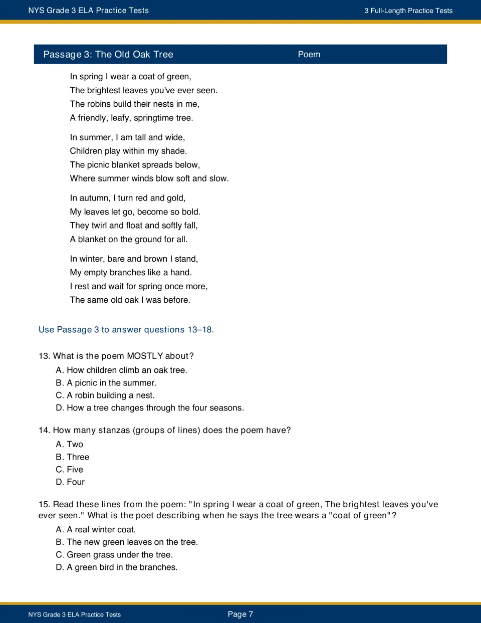 The Old Oak Tree, a four-stanza poem about the seasons; students answer questions 13-15 on topic, stanzas and a metaphor
