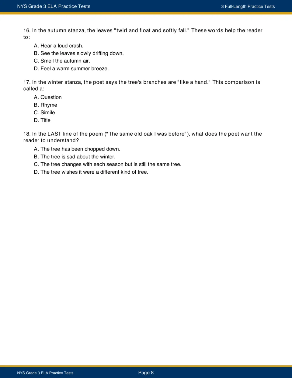 Oak tree poem questions 16-18: students interpret imagery of falling leaves, name a simile and explain the poem's last line