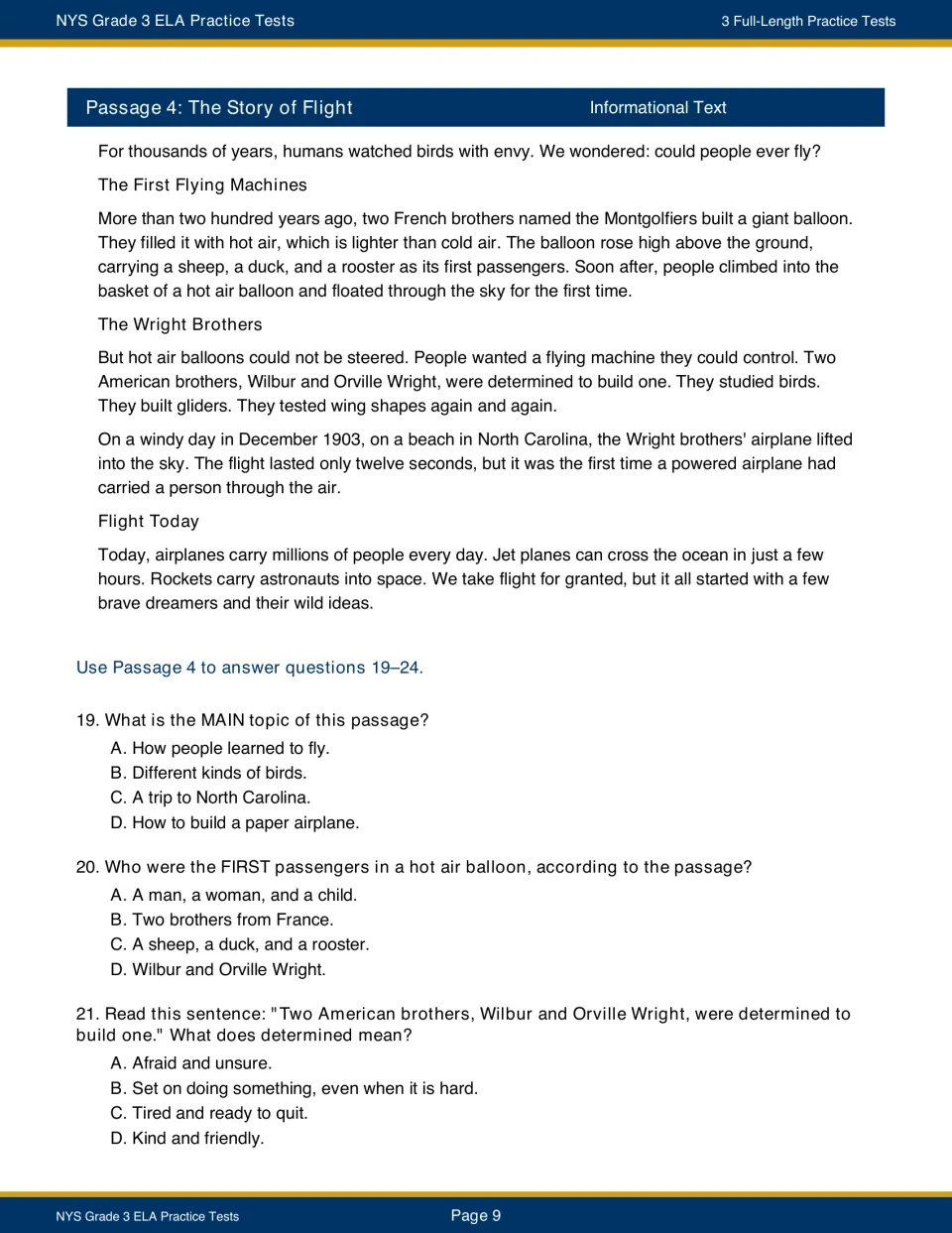 The Story of Flight, from hot air balloons to the Wright brothers; questions 19-21 cover topic, details and vocabulary