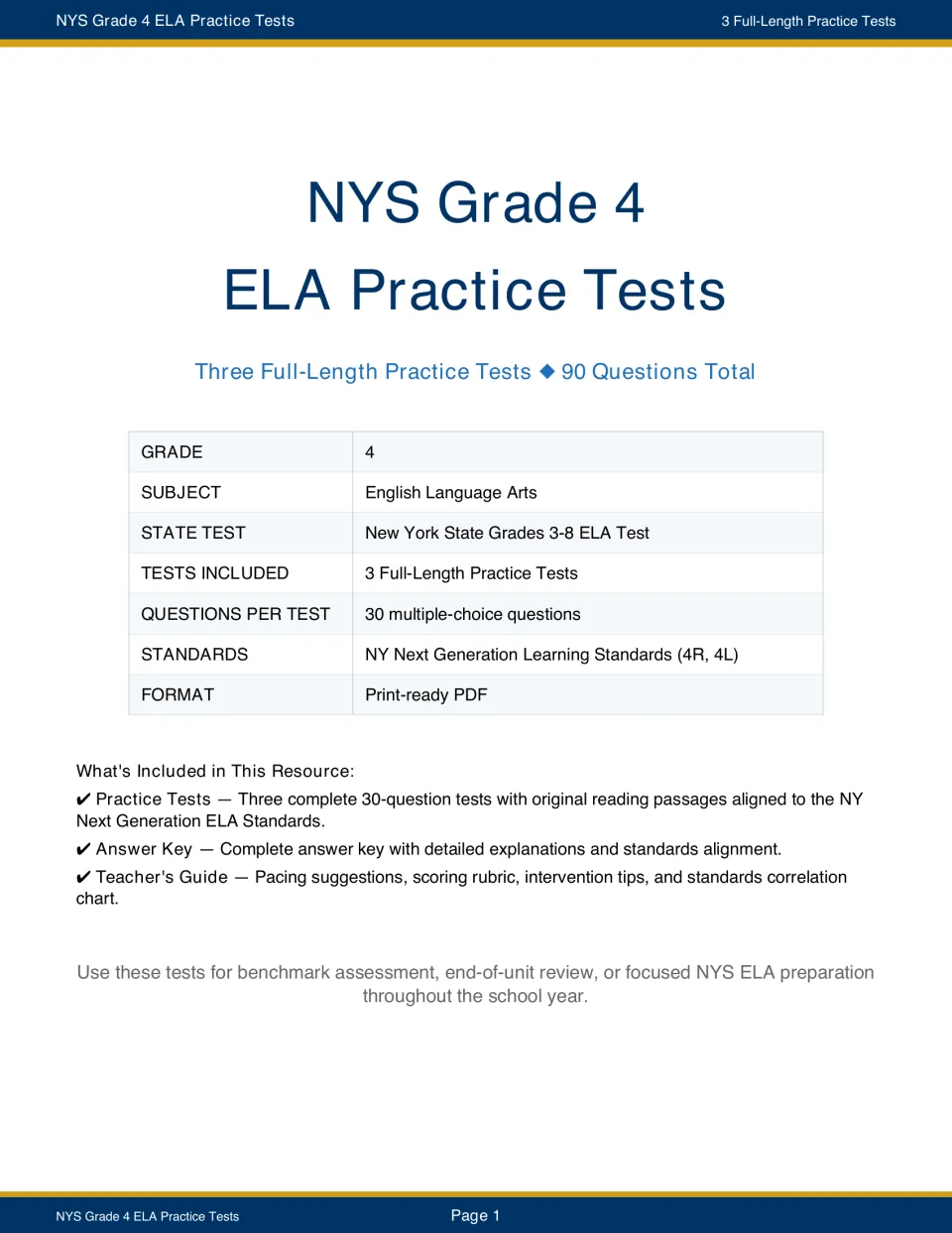 Overview of three 30-question NYS ELA practice tests, 90 questions total, listing the answer key and teacher's guide