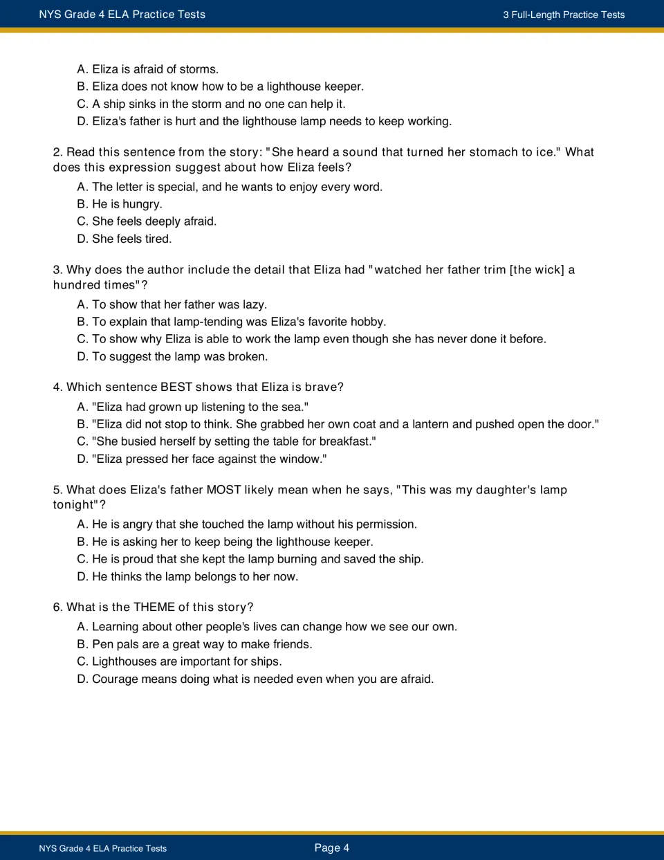 Lighthouse story questions 1 to 6: students choose answers on figurative language, author's purpose, bravery and theme