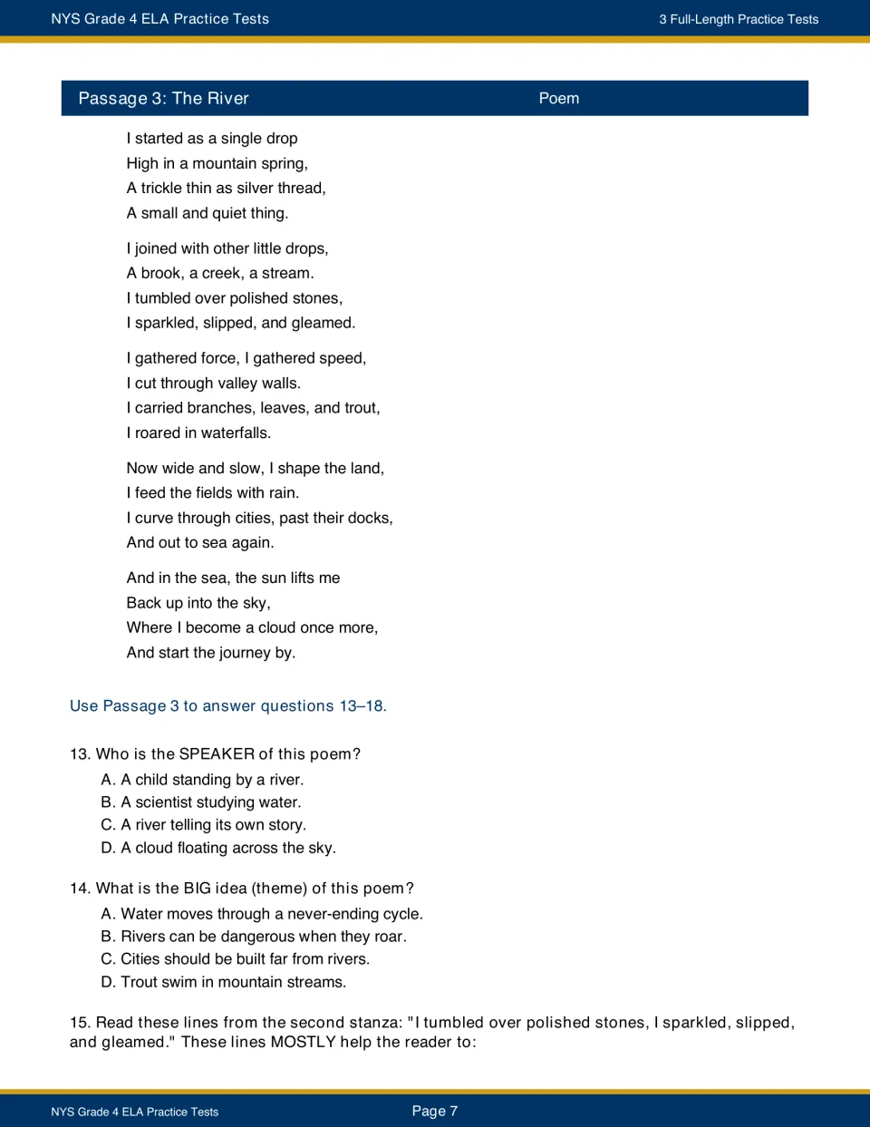 Poem The River, told by a river moving from mountain spring to sea and sky, with questions 13 to 15 on speaker and theme