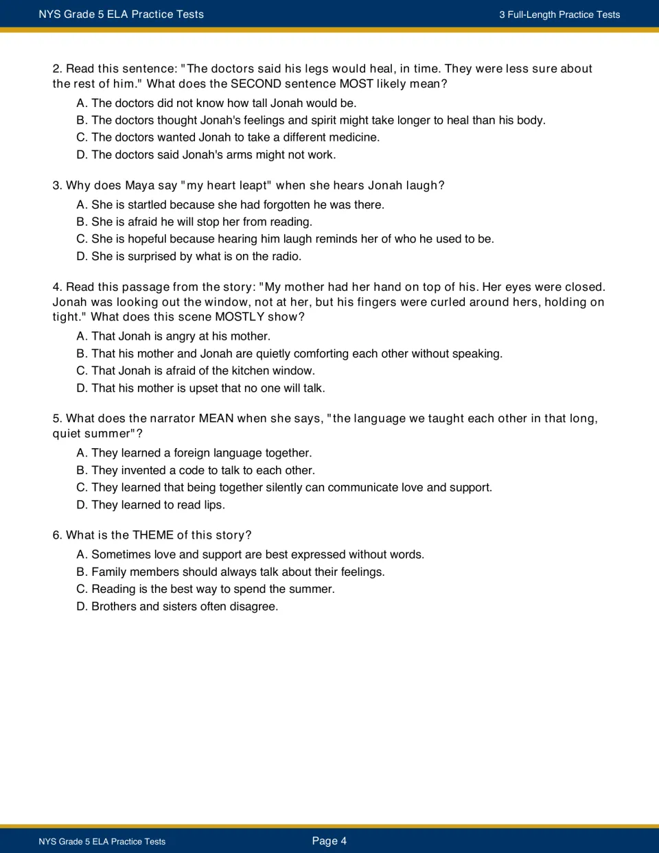 Questions 2-6 on 'The Quiet Hour': students interpret a sentence, explain character feelings and choose the story's theme