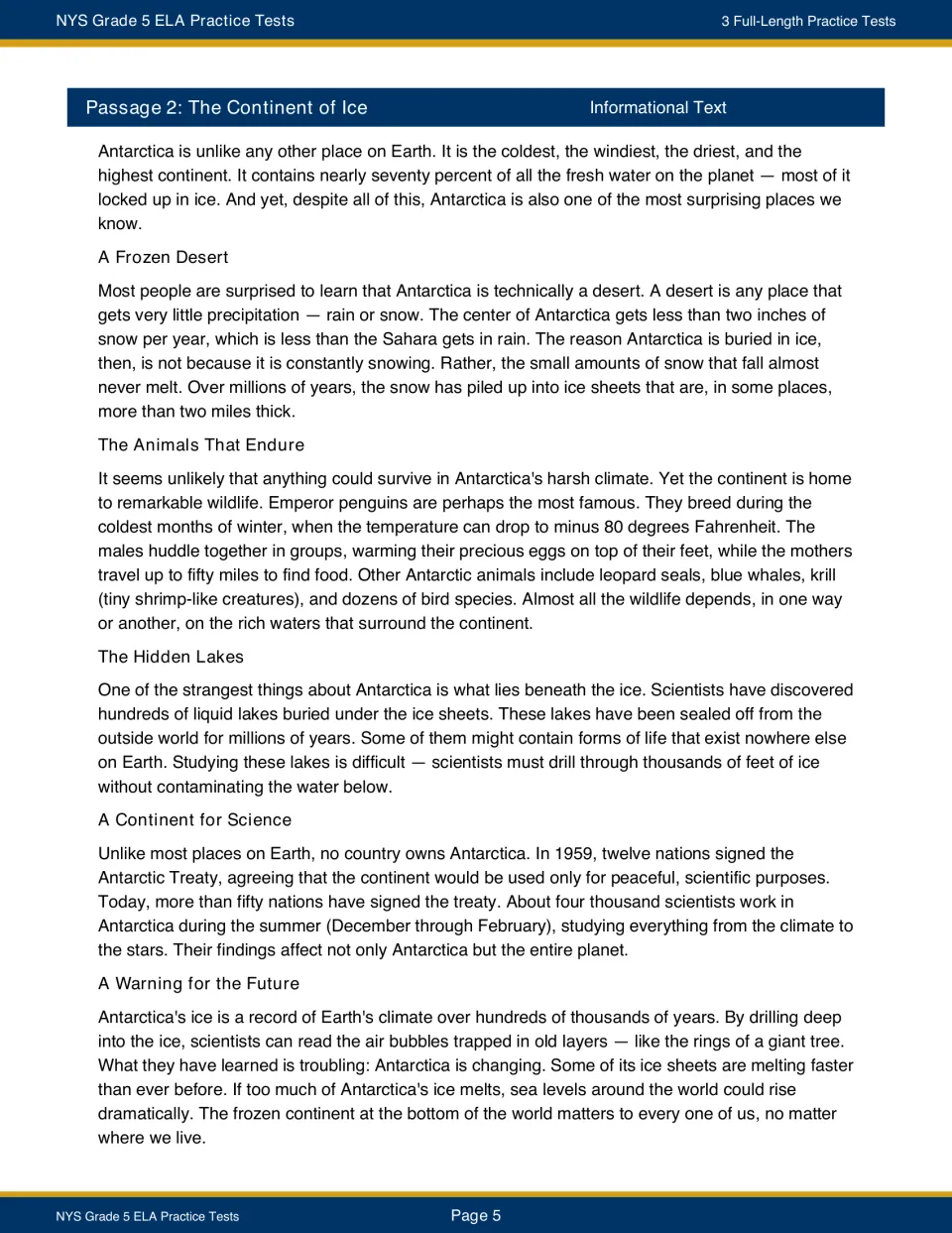 Informational passage 'The Continent of Ice' on Antarctica: frozen desert, wildlife, hidden lakes, treaty and melting ice