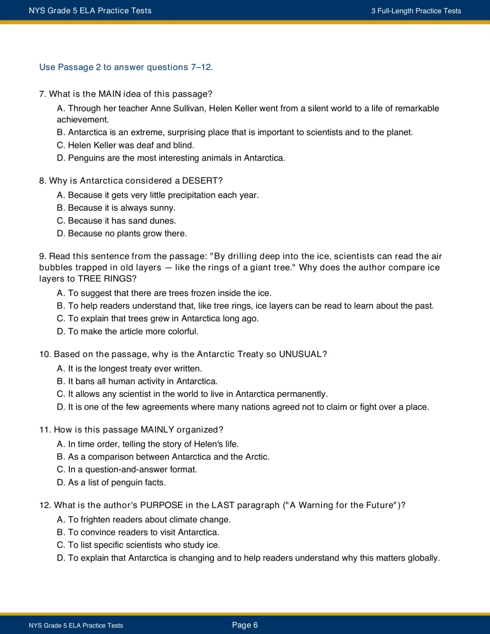 Questions 7-12 on Antarctica: main idea, desert facts, tree-ring comparison, text structure and author's purpose