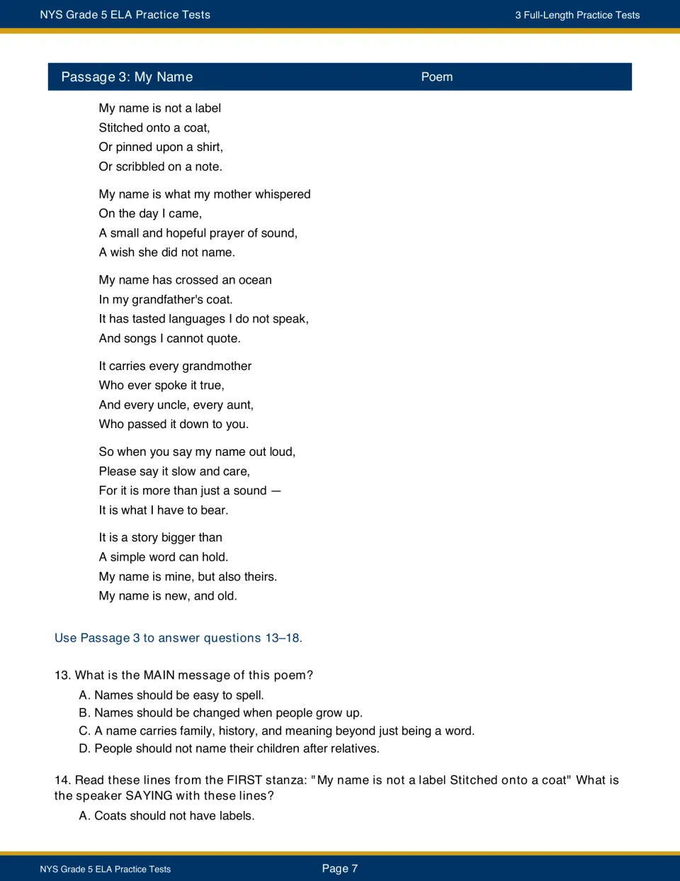 Poem 'My Name' about a name carrying family history, followed by questions 13 and 14 on its main message and first stanza