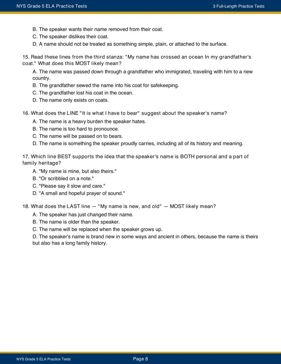 Questions 14-18 on the poem 'My Name': students interpret lines about an ocean crossing, bearing a name and 'new, and old'