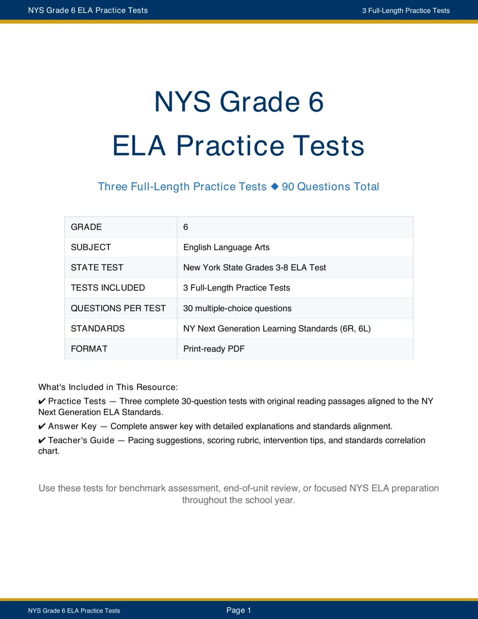 Resource overview lists three Grade 6 ELA tests, 90 questions, an answer key, and a teacher’s guide