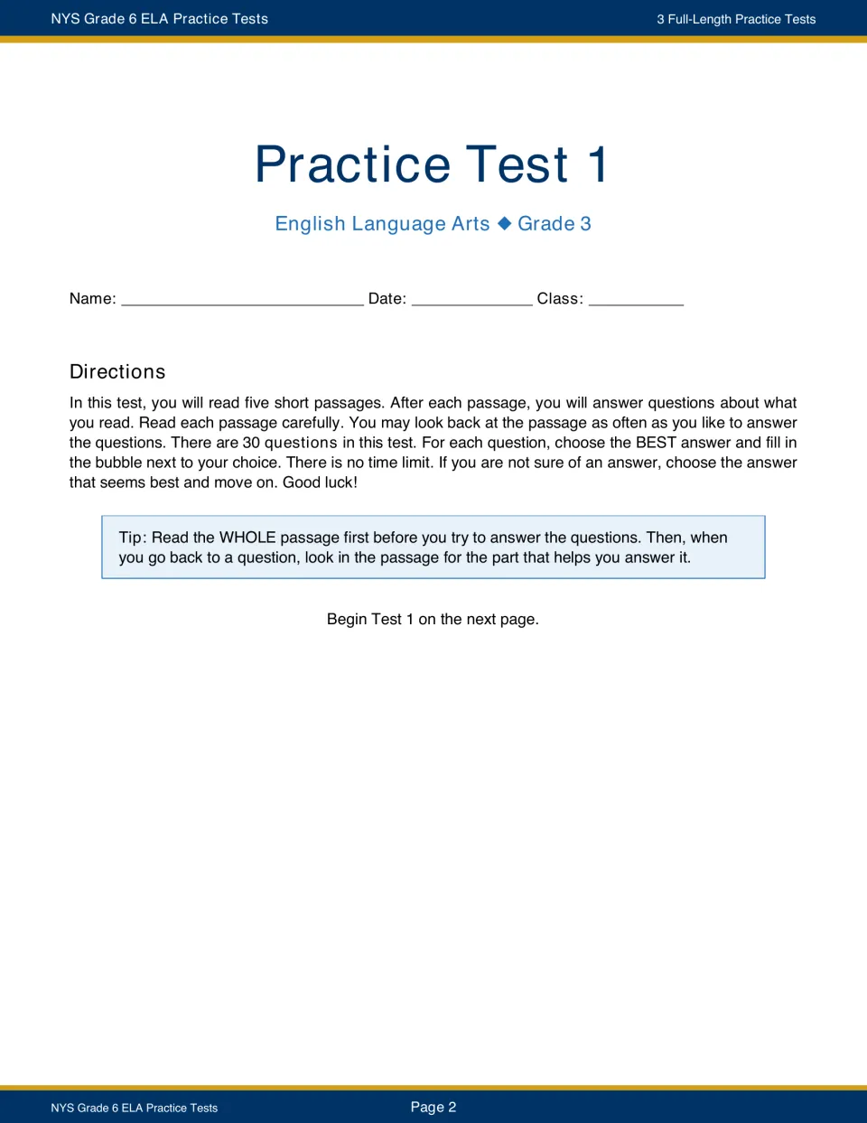 Practice Test 1 directions label the test Grade 3 and explain five passages, 30 questions, and no time limit
