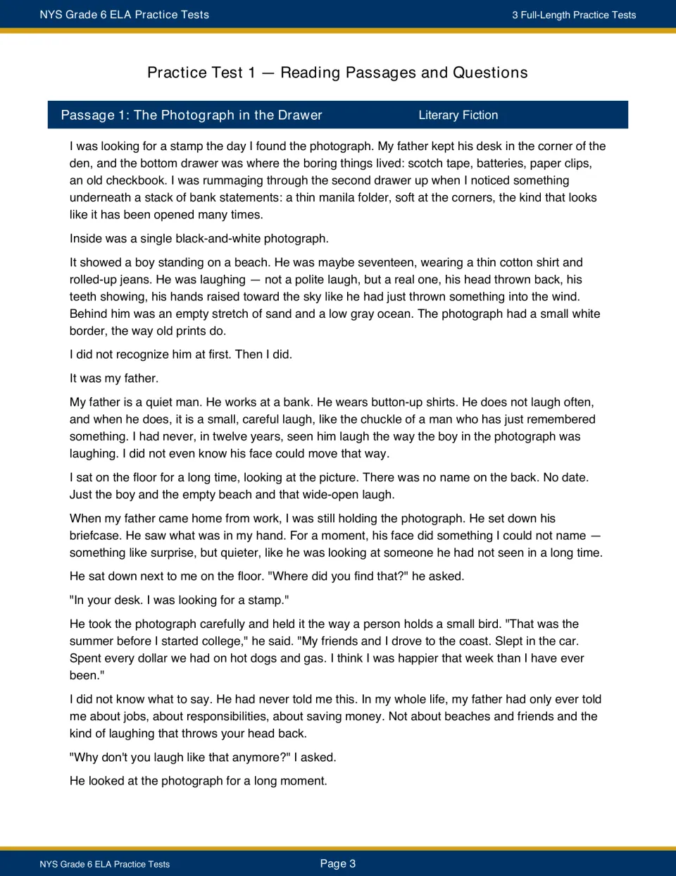 Test 1 begins “The Photograph in the Drawer,” a story about a child finding a photograph of a younger father