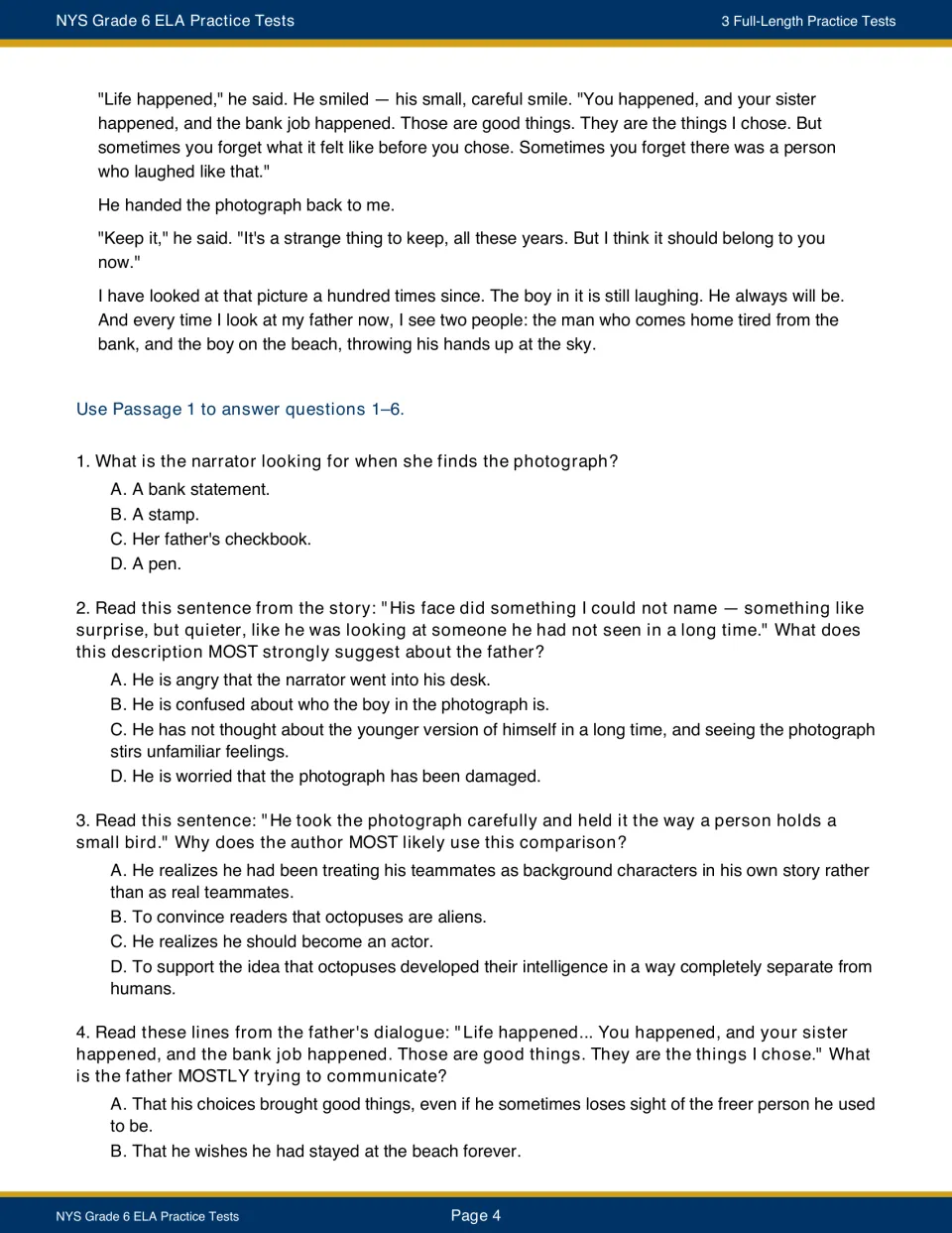 “The Photograph in the Drawer” concludes, followed by questions 1–4 about story details and author’s craft