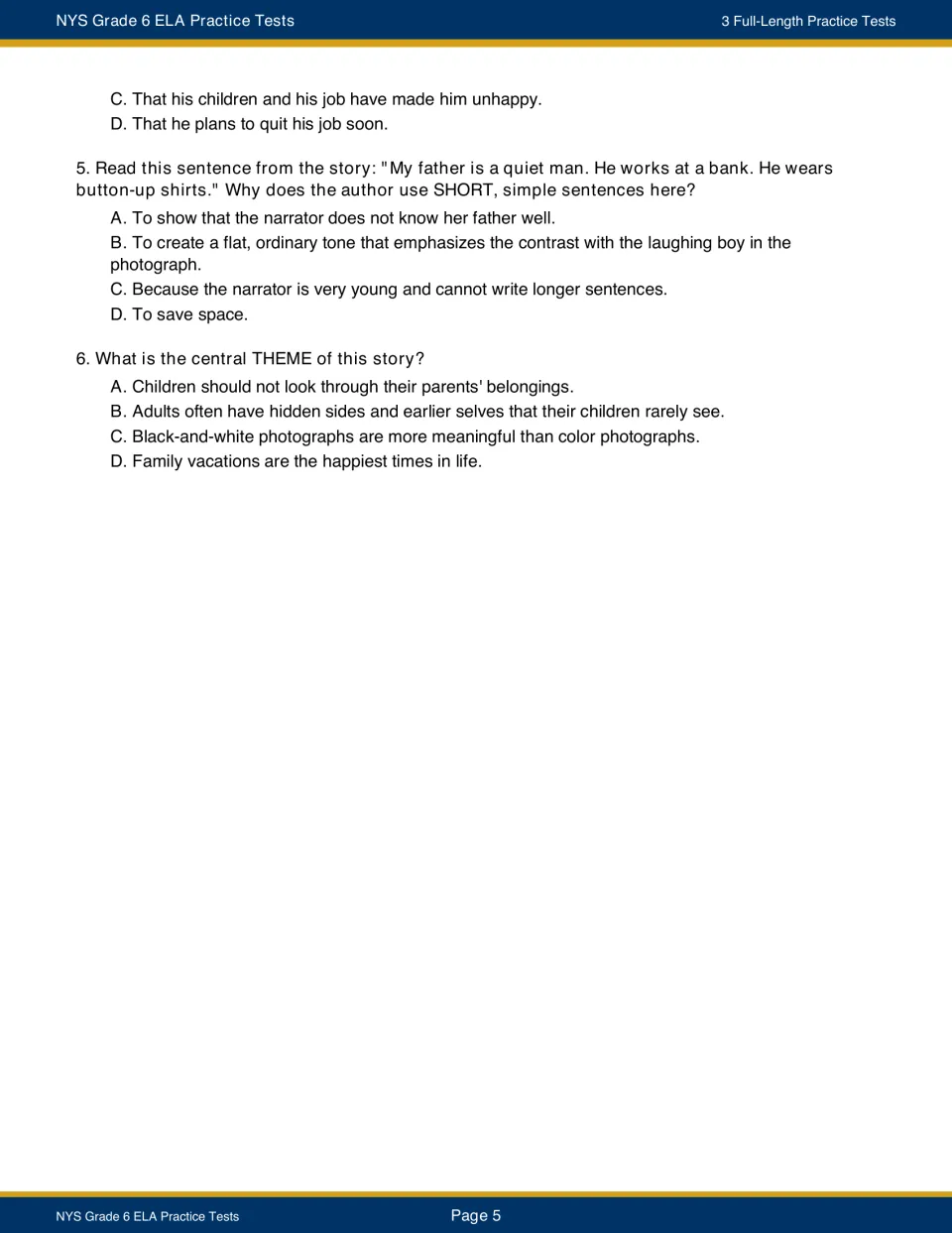 Test 1 finishes question 4 and presents questions 5–6 on short sentences and the photograph story’s theme