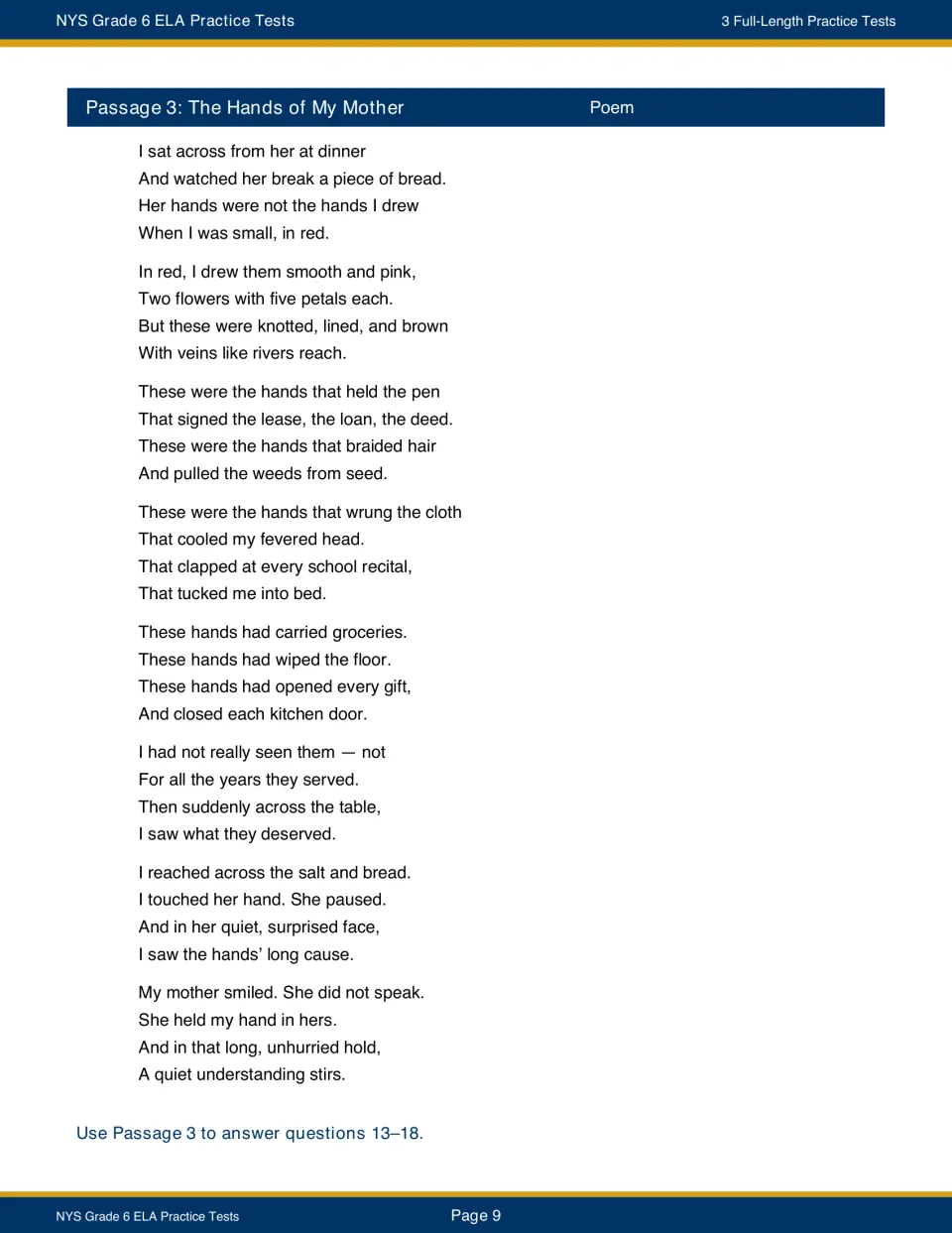 Test 1’s poem “The Hands of My Mother” reflects on a mother’s care and introduces passage questions 13–18