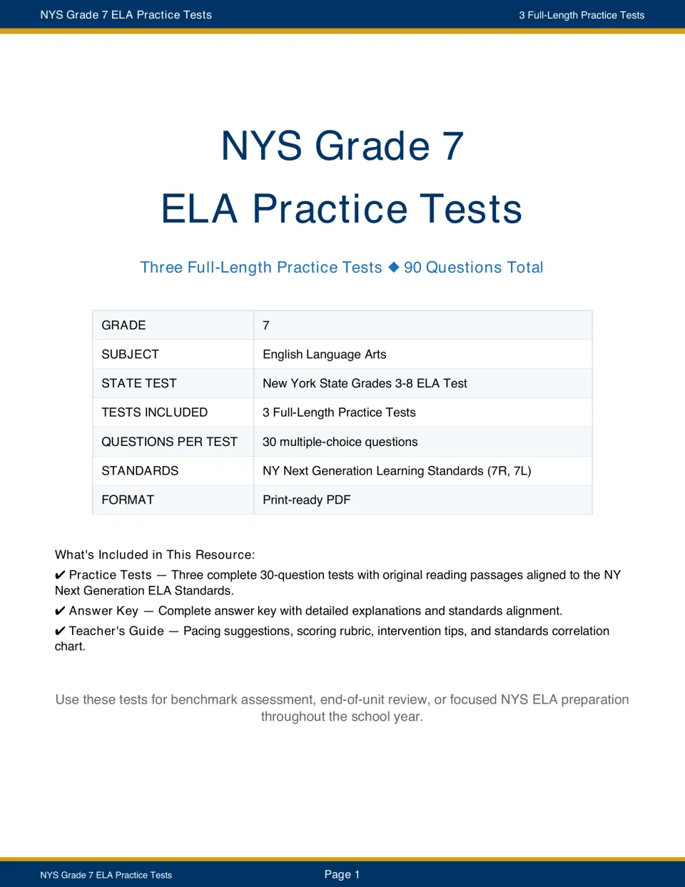 Resource overview listing three Grade 7 ELA tests, 90 questions, an answer key, and a teacher’s guide