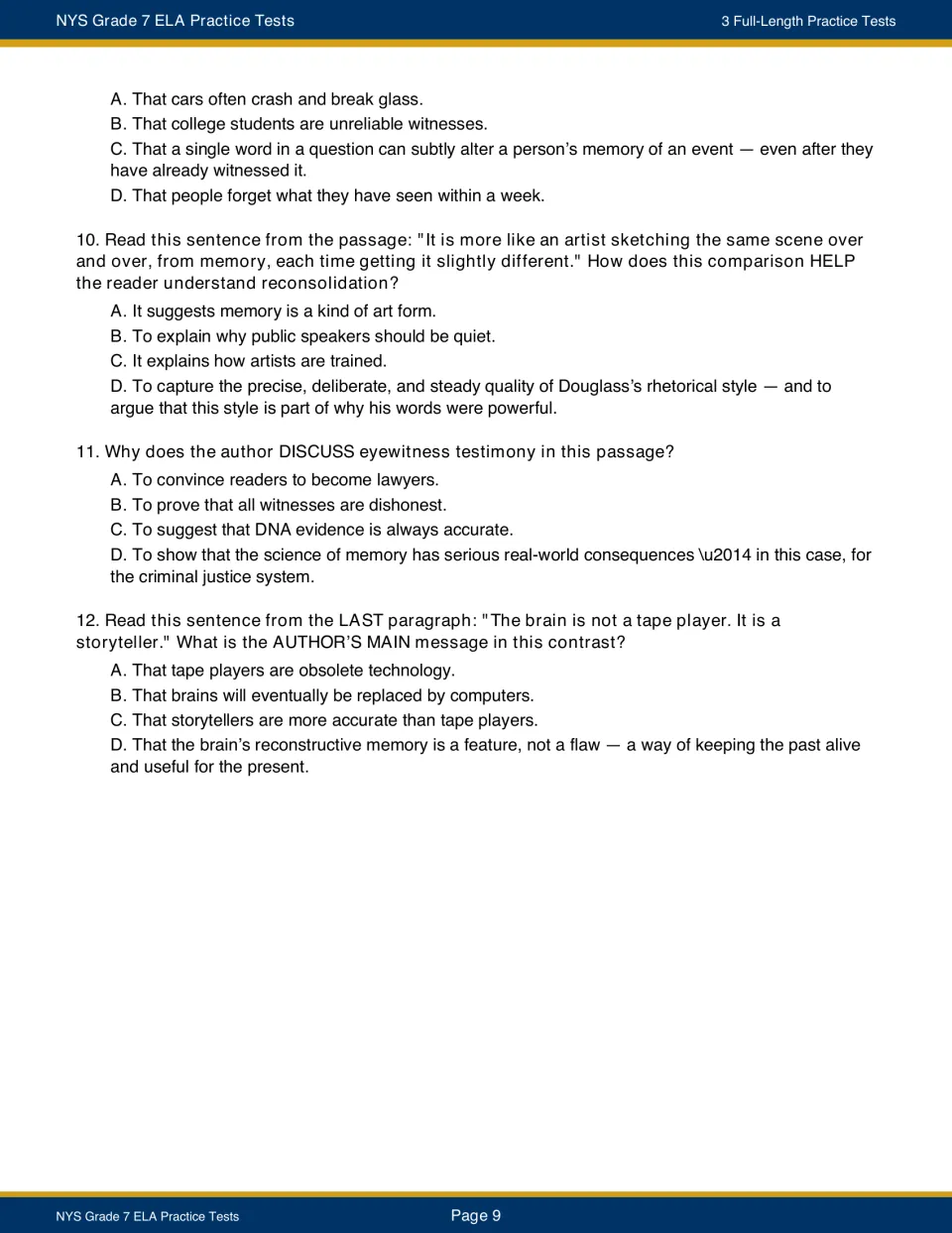 The Memory Machine questions continue with choices for 9 and questions 10–12 on comparisons and testimony