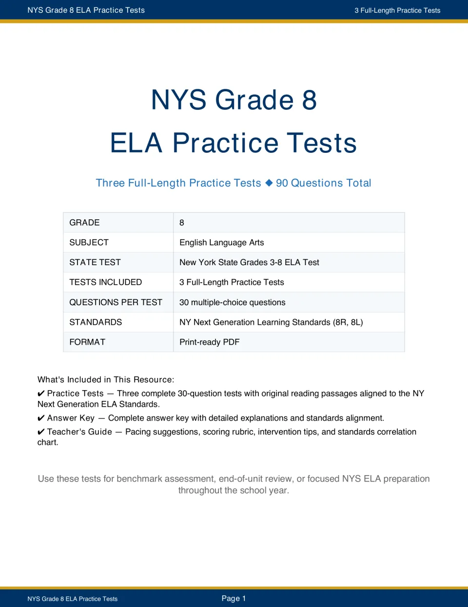 Resource overview listing three 30-question ELA tests, 90 questions total, an answer key, and a teacher’s guide