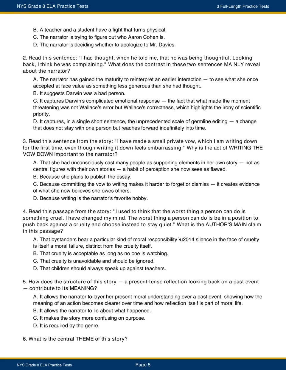 Passage 1 questions continue with narrator reflection, the written vow, author’s claim, structure, and theme