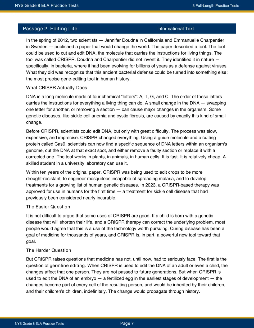 Test 1 passage 2, Editing Life, introduces CRISPR, DNA editing, disease treatment, and germline editing