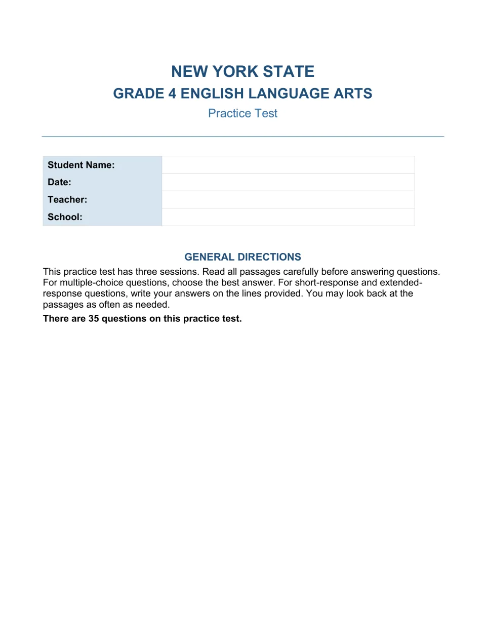 ELA test directions introduce three sessions and 35 questions, including multiple-choice and written responses