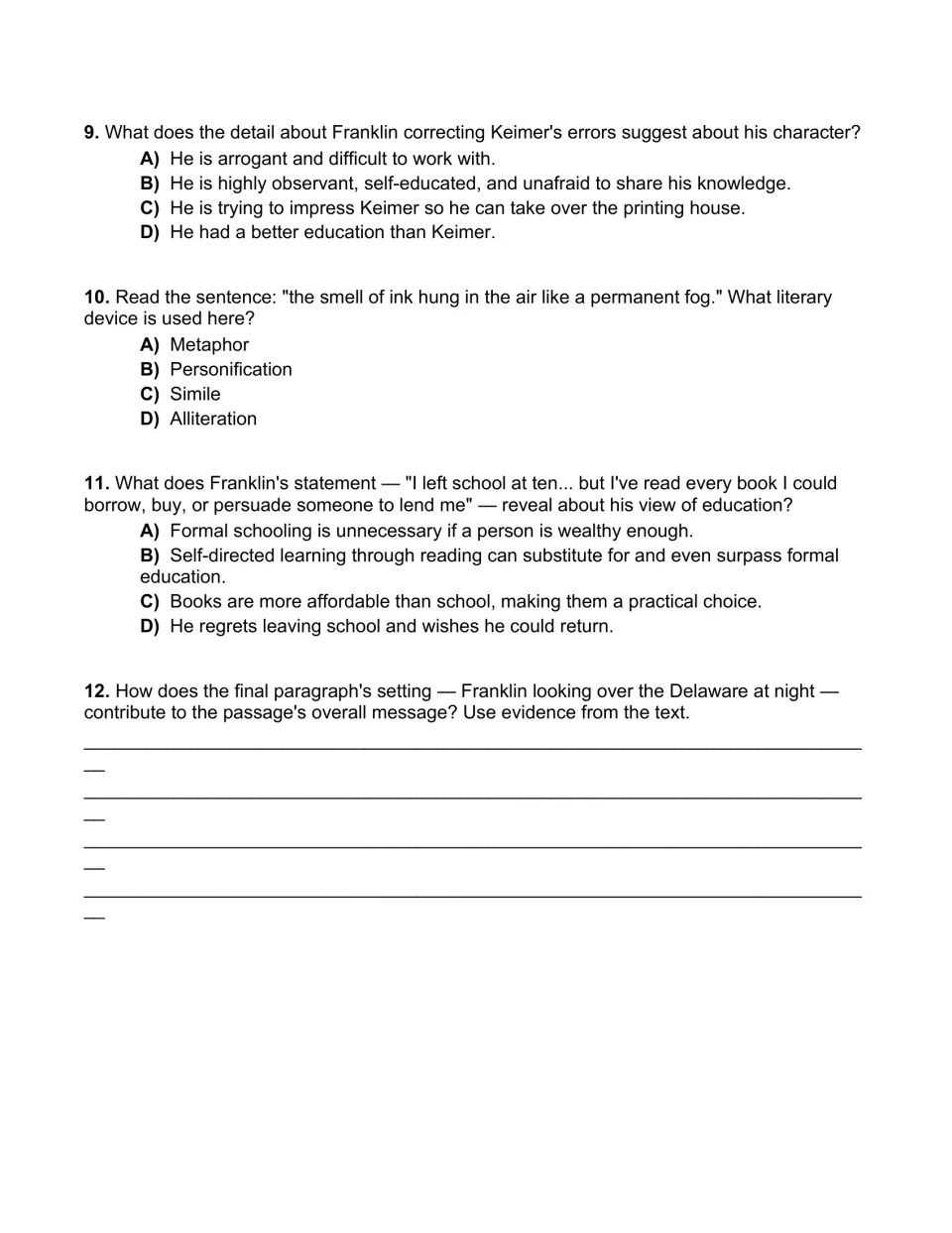Questions 9–12 on The Printing House address Franklin's character, a simile, education, and the setting
