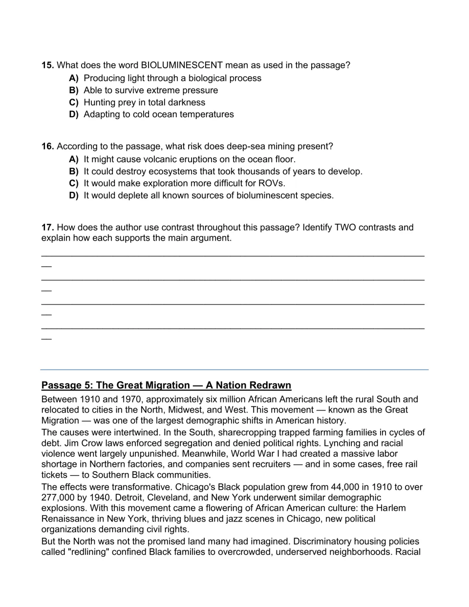 Questions 15–17 cover ocean vocabulary, mining risks, and contrast before The Great Migration passage begins