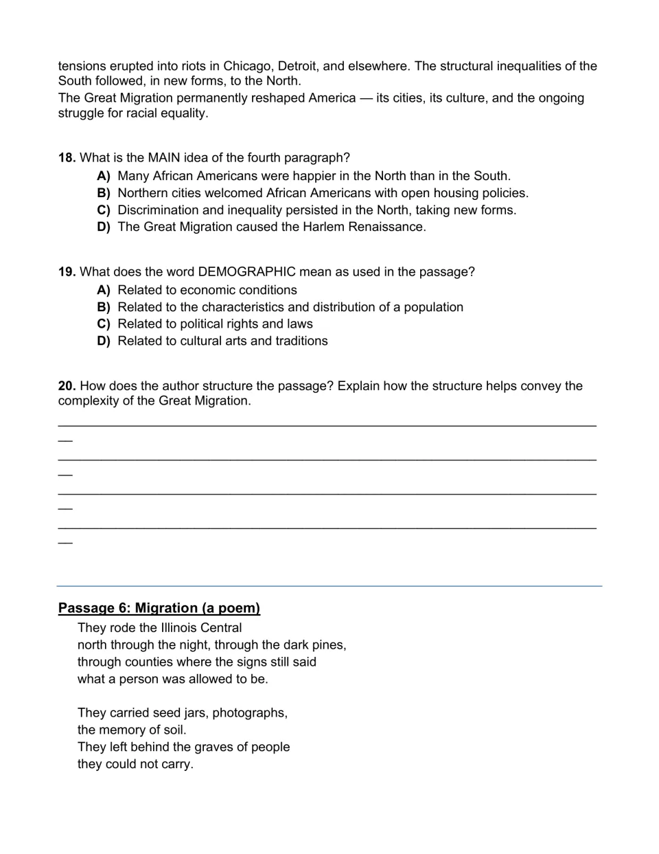 The Great Migration passage concludes with questions 18–20, followed by the opening of the poem Migration