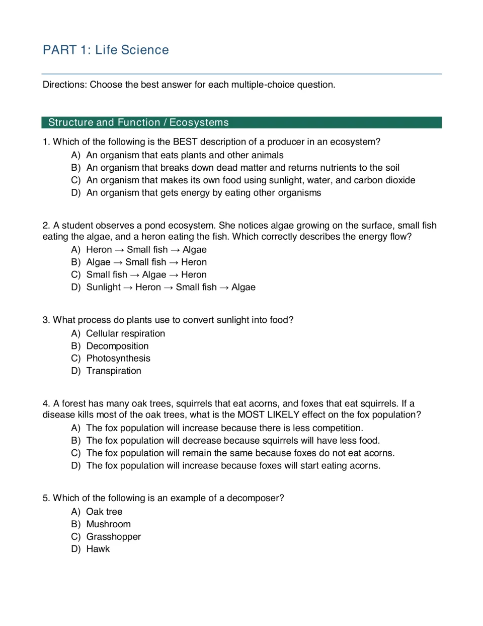 Part 1 Life Science, questions 1-5: students choose answers on producers, pond energy flow, photosynthesis and decomposers