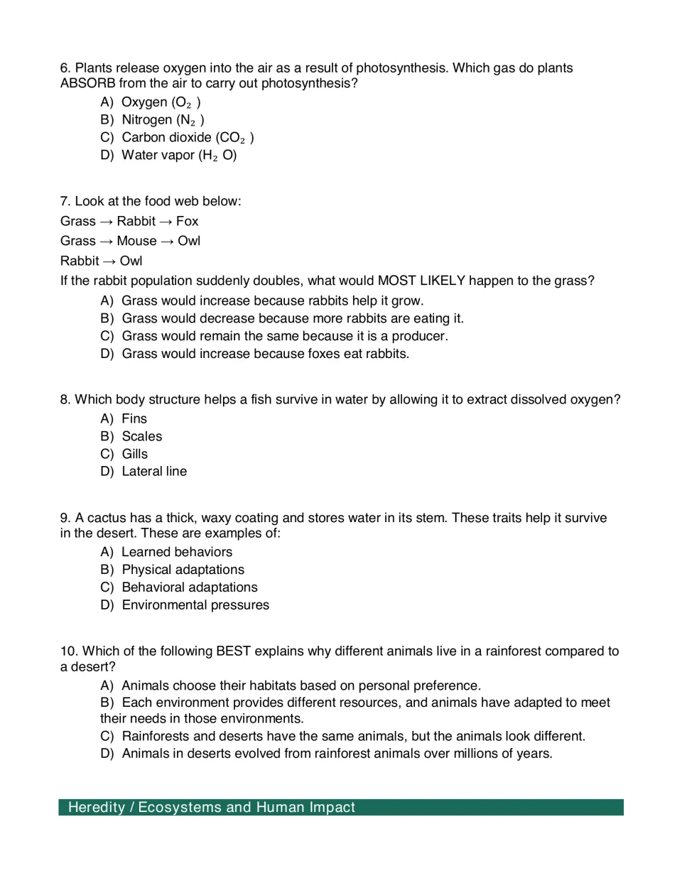 Questions 6-10: students answer multiple choice on photosynthesis gases, a food web, fish gills and cactus adaptations