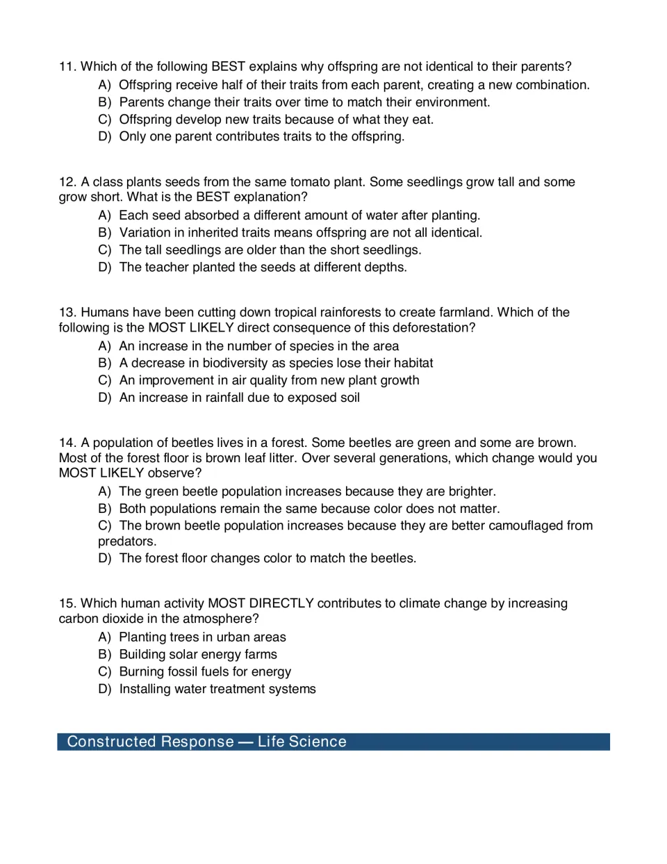 Heredity and human impact, questions 11-15: students pick answers on inherited variation, deforestation and camouflage