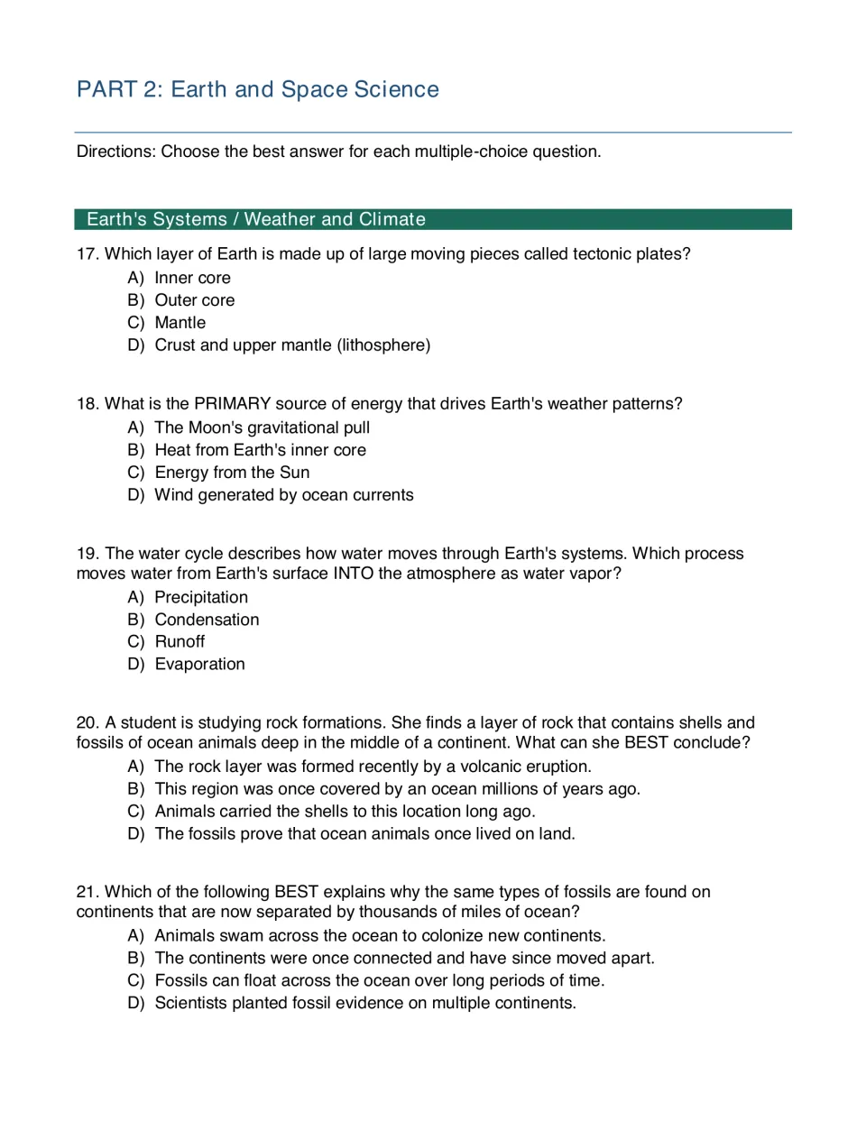 Part 2 Earth and Space Science, questions 17-21: students choose answers on plates, weather energy, evaporation, fossils
