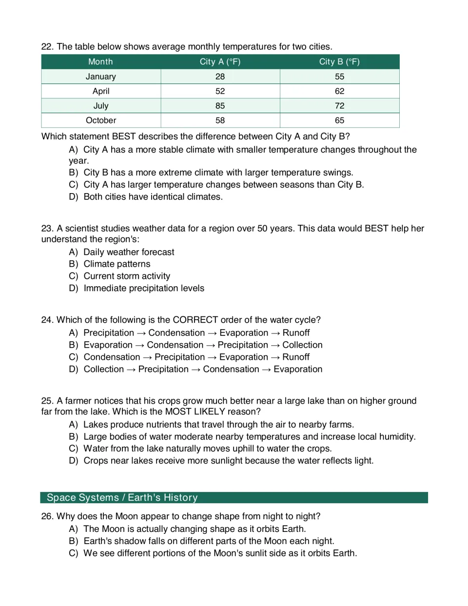 Weather and climate, questions 22-26: students read a two-city temperature table, then answer climate and Moon items