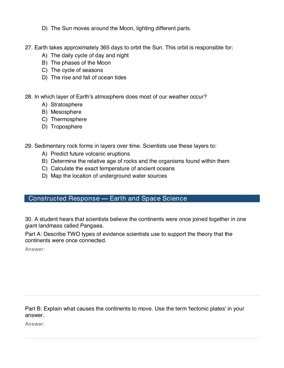 Earth's history, questions 27-30: students answer on seasons, atmosphere layers and rock layers, then explain Pangaea