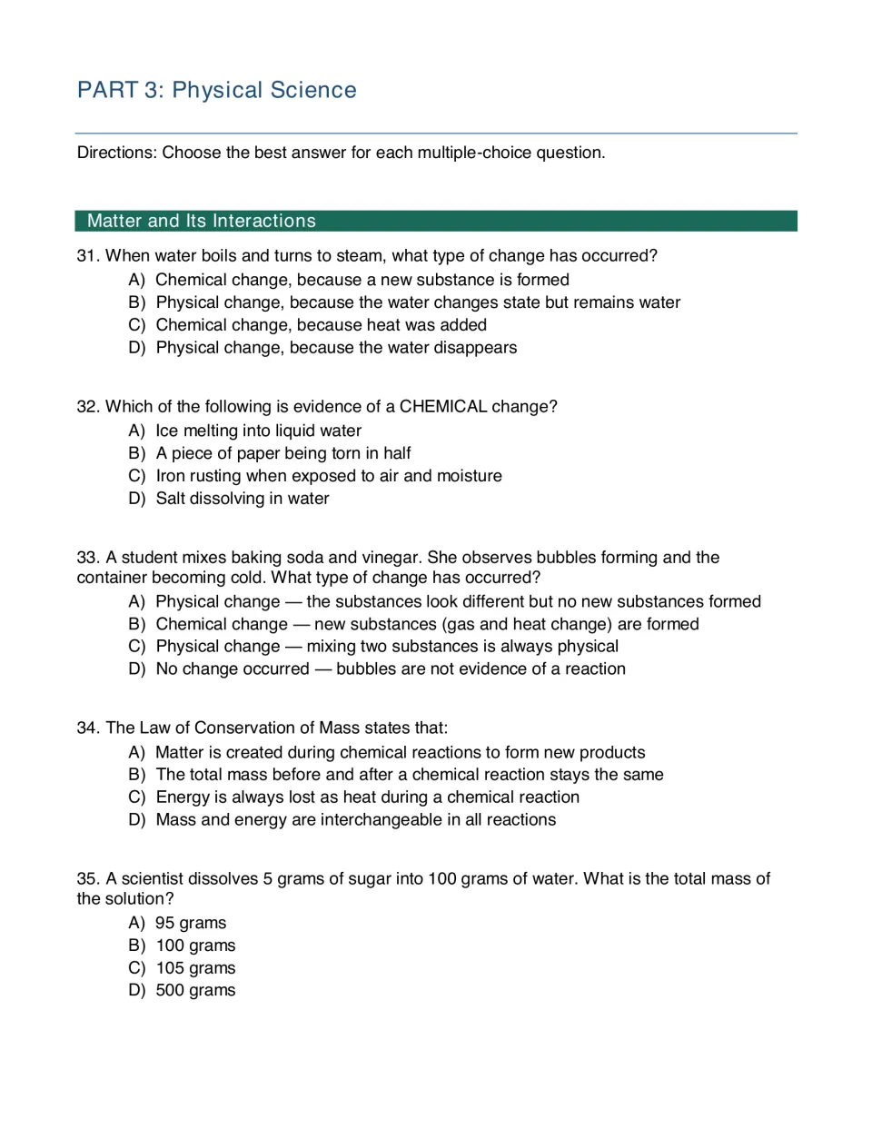 Part 3 Physical Science, questions 31-35: students identify physical vs chemical changes and apply conservation of mass