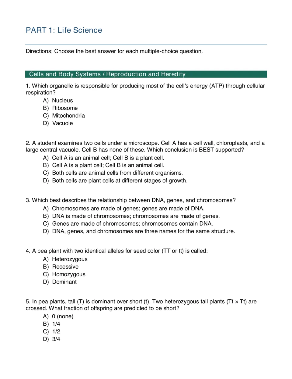 Cells and heredity multiple choice: students answer questions 1-5 on organelles, plant vs animal cells and alleles