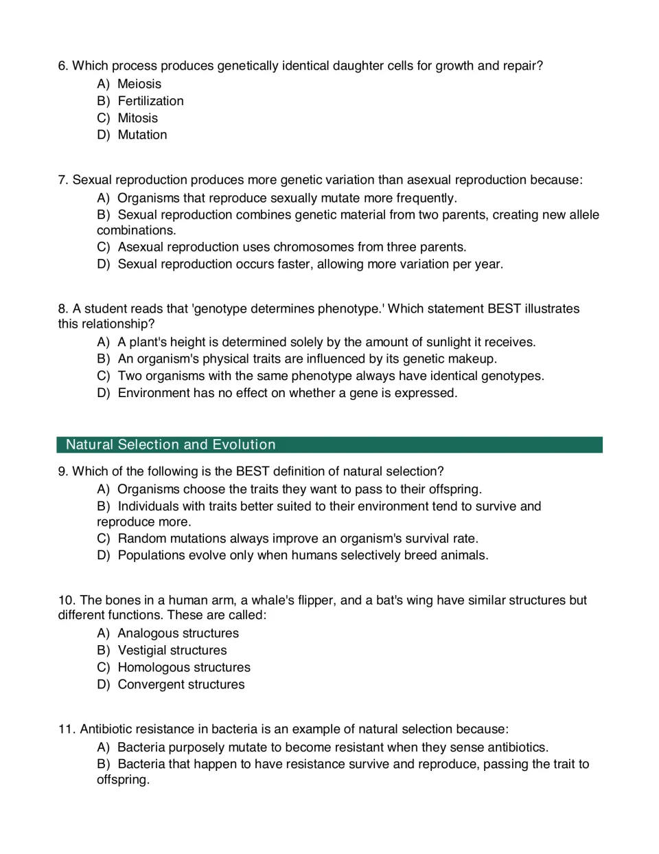 Evolution and reproduction, questions 6-11: mitosis, genotype vs phenotype, homologous structures, antibiotic resistance
